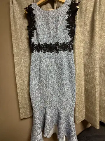 레이스 장식의 파랑 블랙 트위드 드레스