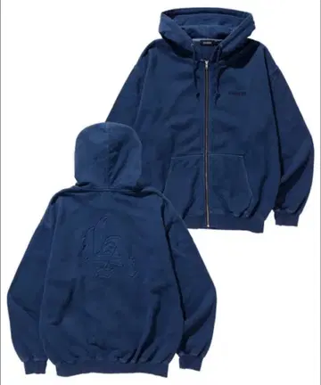 네이비 풀 집업 후드티 로고 자수
