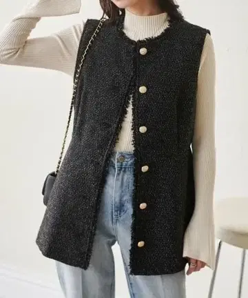 RANAN 골드 버튼 페플럼 트위드 베스트 M