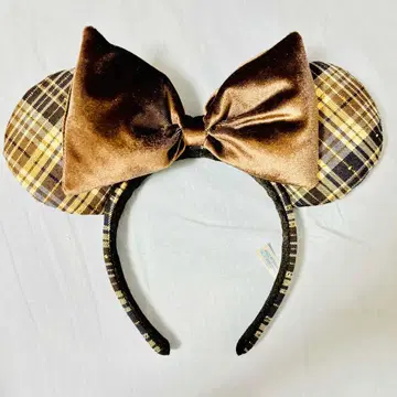 미키 모양 머리띠 브라운 체크 무늬