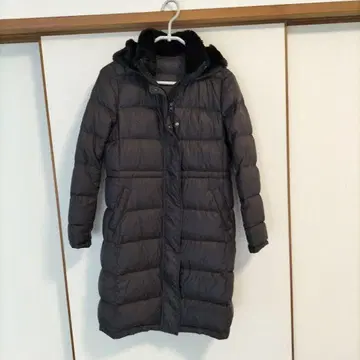 그레이 후드 부착 다운 자켓 롱 기장