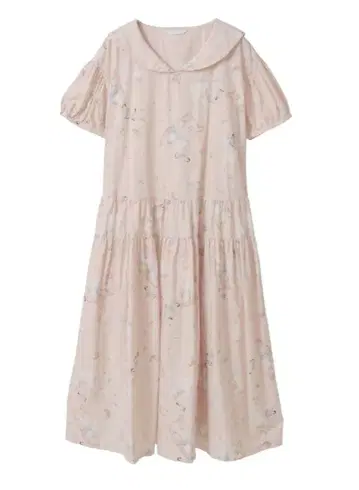 핑크하우스 잔물결과 고양이 프린트 미디 원피스