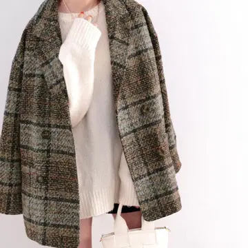 부클레 기모 체크 무늬 오버 사이즈 더블 자켓 코트