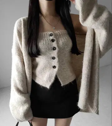 [2세트] 니트 버튼 뷔스티에 + 롱 가디건 베이지 오버 사이즈