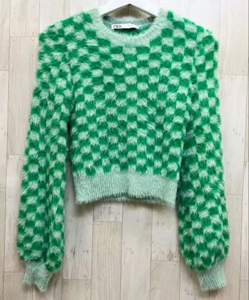 ZARA 자라 체커 패턴 샤기 니트 스웨터 S 숏 기장