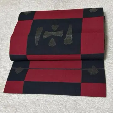 나고야 오비 짙은 홍색 블랙 체크 패턴 기하학 패턴 NO.118