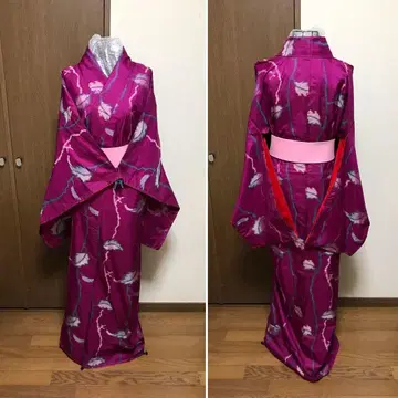 앤티크 명선!! 매실 보라색 바탕 리프 세로 줄무늬 이중 기모노