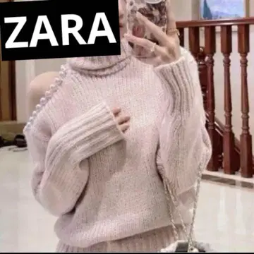 ZARA 펄 장식 오프숄더 터틀 니트 핑크 베이지