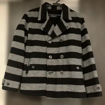 울 혼방 피코트 블랙과 그레이 스트라이프