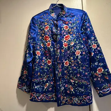 파랑 꽃무늬 자수 차이나 자켓