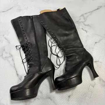 인기 키다리 아저씨 천연 가죽 레이스업 롱 부츠 23.5 블랙