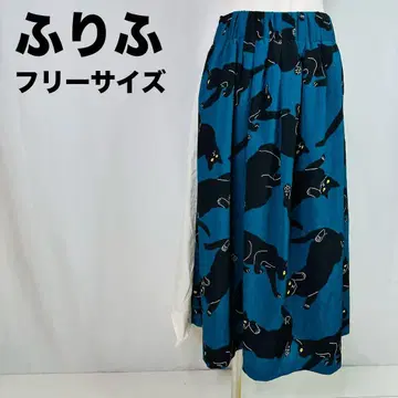 후리후 검은 고양이 프린트 플레어 스커트 프리 사이즈 블루 a157
