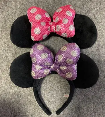 디즈니 머리띠 스팽글 리본 핑크 보라색 미니 도트 페어