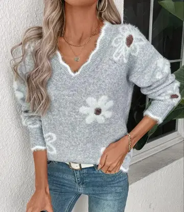 새상품 사이즈 L~XL 꽃무늬 V넥 스웨터 그레이 긴팔