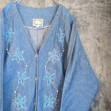 미국 빈티지 의류 꽃 자수 비즈 데님 자켓 빈티지 90s 여성 빈티지