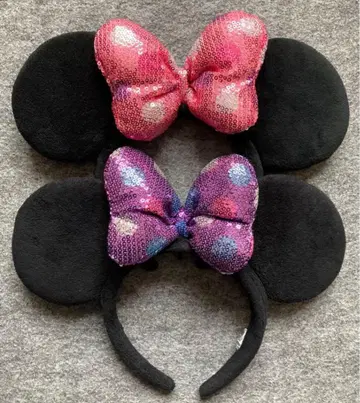 디즈니 머리띠 스팽글 리본 핑크 보라색 컬러풀 도트 페어