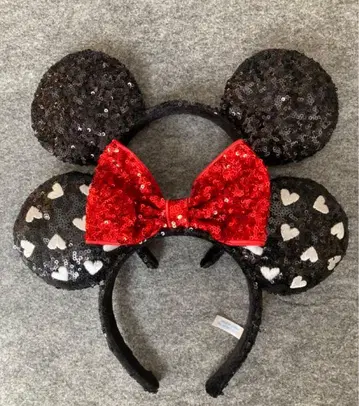 디즈니 머리띠 스팽글 하트 리본 블랙 미키미니 페어