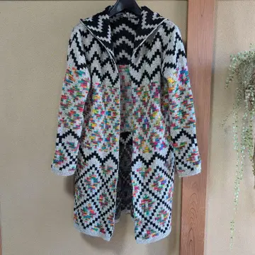 [ 새상품급 ] 니트 가디건 기하학 패턴 롱 기장 에스닉 후드 부착
