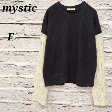 미스틱 [ F ] 레이스 절개 긴팔 니트 드롭 숄더 네이비