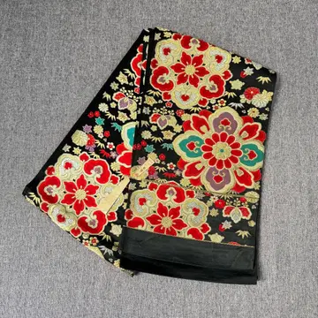 니시진 비단 순수 실크 후쿠로 오비 꽃 골드 빨간색 블랙 430cm