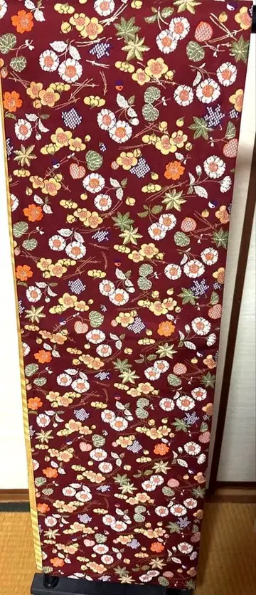 전통 송엽 꽃무늬 포도색 후쿠로 오비