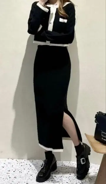 EATME 바이컬러 트위드라이크 니트 가디건 셋업 black