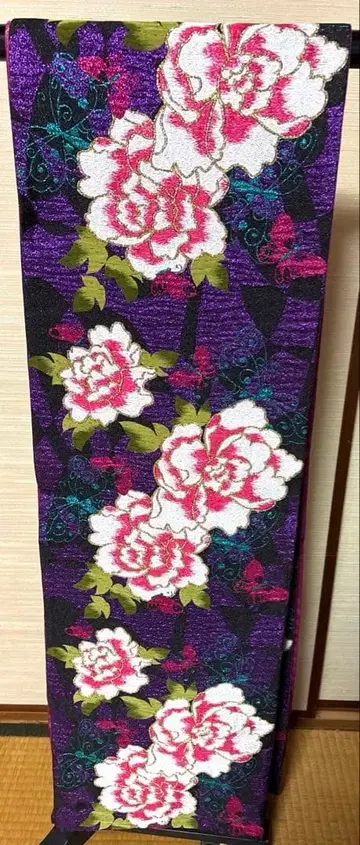 블랙 x 보라색 나비와 모란 패턴 후쿠로 오비