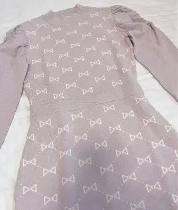 미셸 마카롱 리본 무늬 니트 원피스 핑크 양산형 지뢰 걸리시