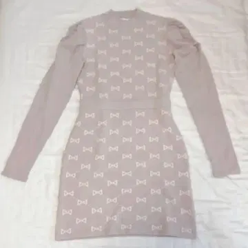 미셸 마카롱 리본 무늬 니트 원피스 핑크 양산형 지뢰 걸리시