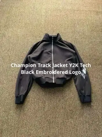 Champion 트랙 자켓 Y2K 테크 블랙 자수 로고 짧은 기장 L