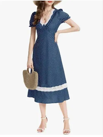 원피스 도트 무늬 블랙 M 파티 드레스 V넥 레이스 무릎 기장