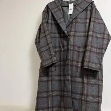 GU 후드 부착 체크 롱 코트 L 사이즈