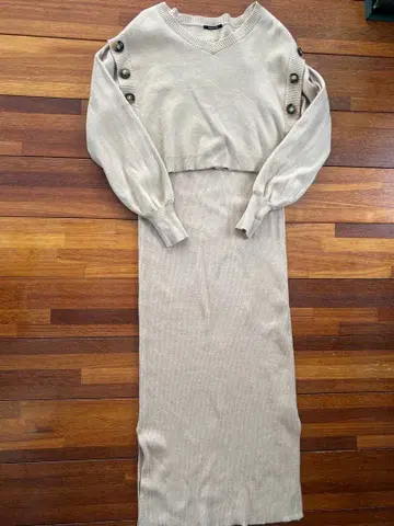 원 웨이 니트 스웨터 롱 드레스 세트 베이지