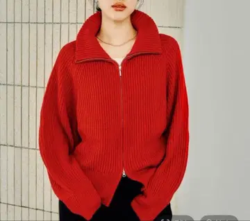 렙심 7게이지 배색 리브 ZIP 가디건 레드