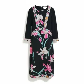 최근 택 레오나르 캉캉 소재 꽃무늬 트리밍 절개 원피스 M 블랙