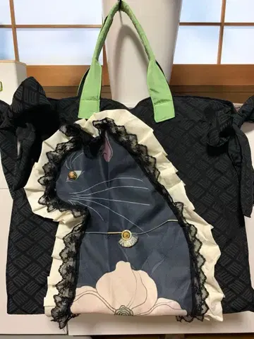[ 기모노 리메이크 ] 블랙 고양이와 레이스를 더한 일본풍 토트백