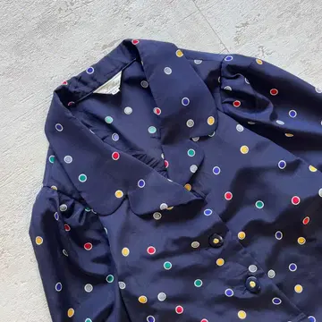 쇼와 레트로 도트 블라우스 네이비 x 카라 도트 빈티지 셔츠