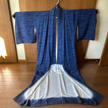 순수 실크 네이비 나염 파도 무늬 코몬 기모노