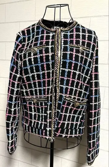 트위드 자켓 블랙 계열 여성용 M 상당 노카라 고급 깔끔함