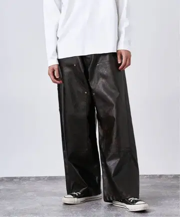 페이드 가공 인조 가죽 더블니 팬츠