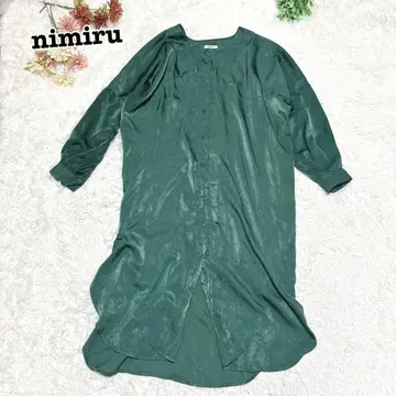 s.1813 [미니르] 긴팔 노카라 셔츠 롱 원피스 광택 그린