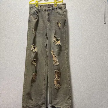 데미지 가공 워시 오렌지 데님 와이드 플레어 데님