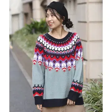 티티카카 노르딕 무늬 긴팔 니트 스웨터 그레이
