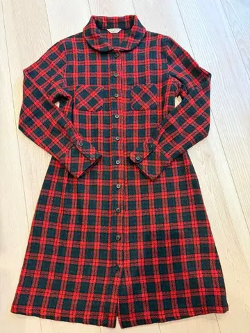 실물 빈티지 일본제 빨간색 x 다크 그린 체크 울 셔츠 원피스 S 상당