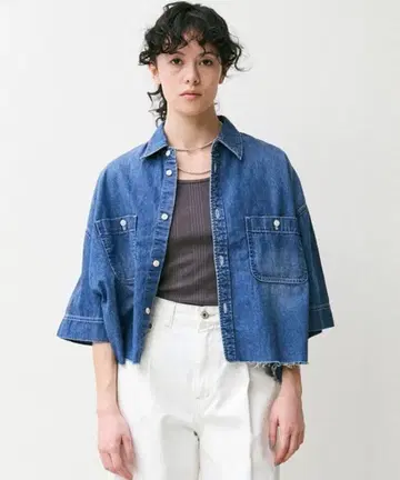 데님 크롭 숏 슬리브 셔츠