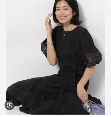 퍼프 슬리브 블랙 롱 드레스 허리 벨트 포함