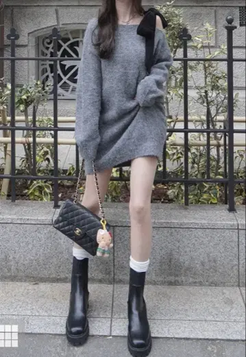 GRL 원숄더 벨로아 리본 니트 미니 원피스