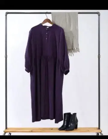 wafu 벨기에 린넨 100% 허리 개더 원피스/플럼 퍼플