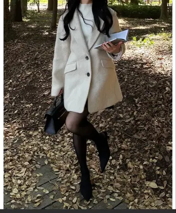 VIS 샤기 코트 울 크림색 싱글 브레스 코트 프리 사이즈