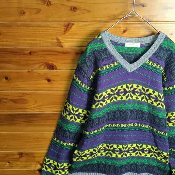 니트 스웨터 노르딕 무늬 페어아일 패턴 멀티 컬러 V넥 구제 의류